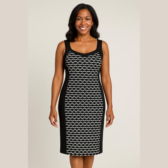 R&M Richards Black White Knit Bodycon Midi Dress Scoop Neck Sleeveless Size 12 - Picture 1 of 12